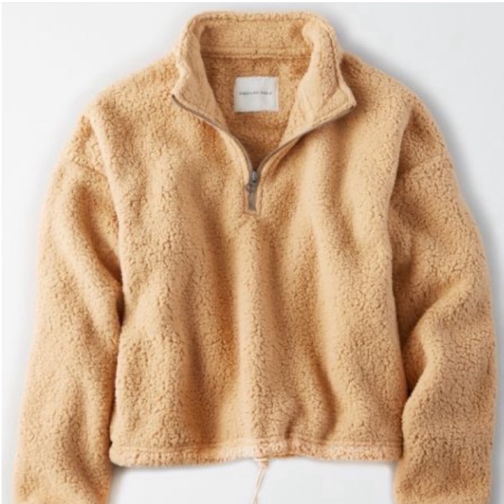 American Eagle Fleece Cropped Quarter Zip Teddy Brown  Beige XS